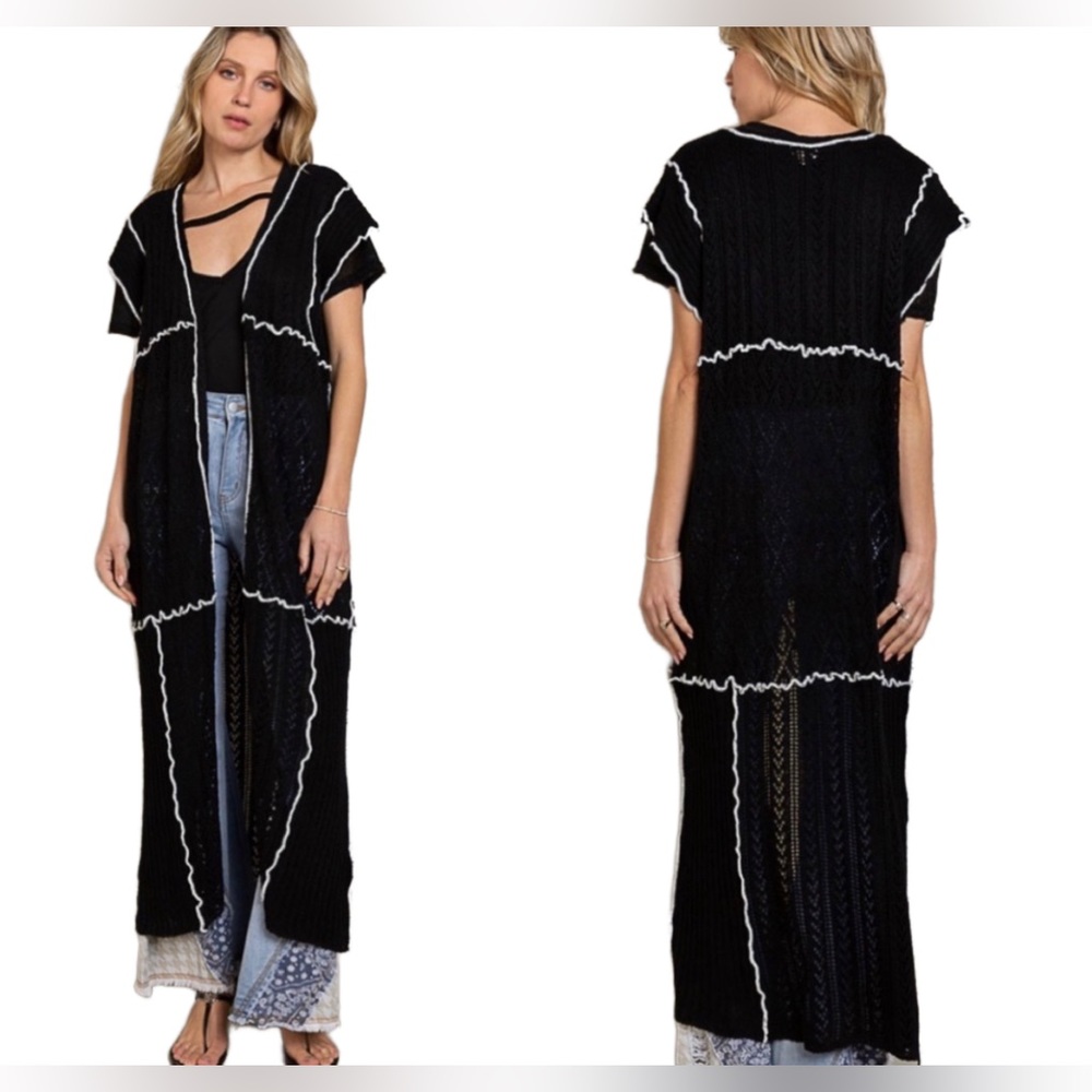 Black Long Length Knit Open Front Cardigan Duster - Picture 6 of 15